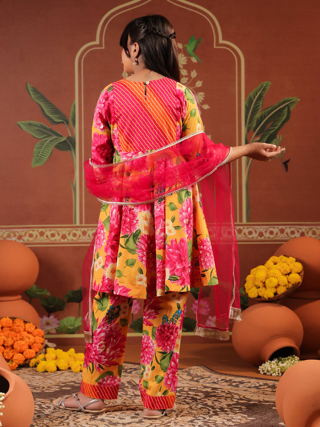 Girls Floral Printed Empire Gotta Patti Pure Cotton Kurti with Trousers & With Dupatta