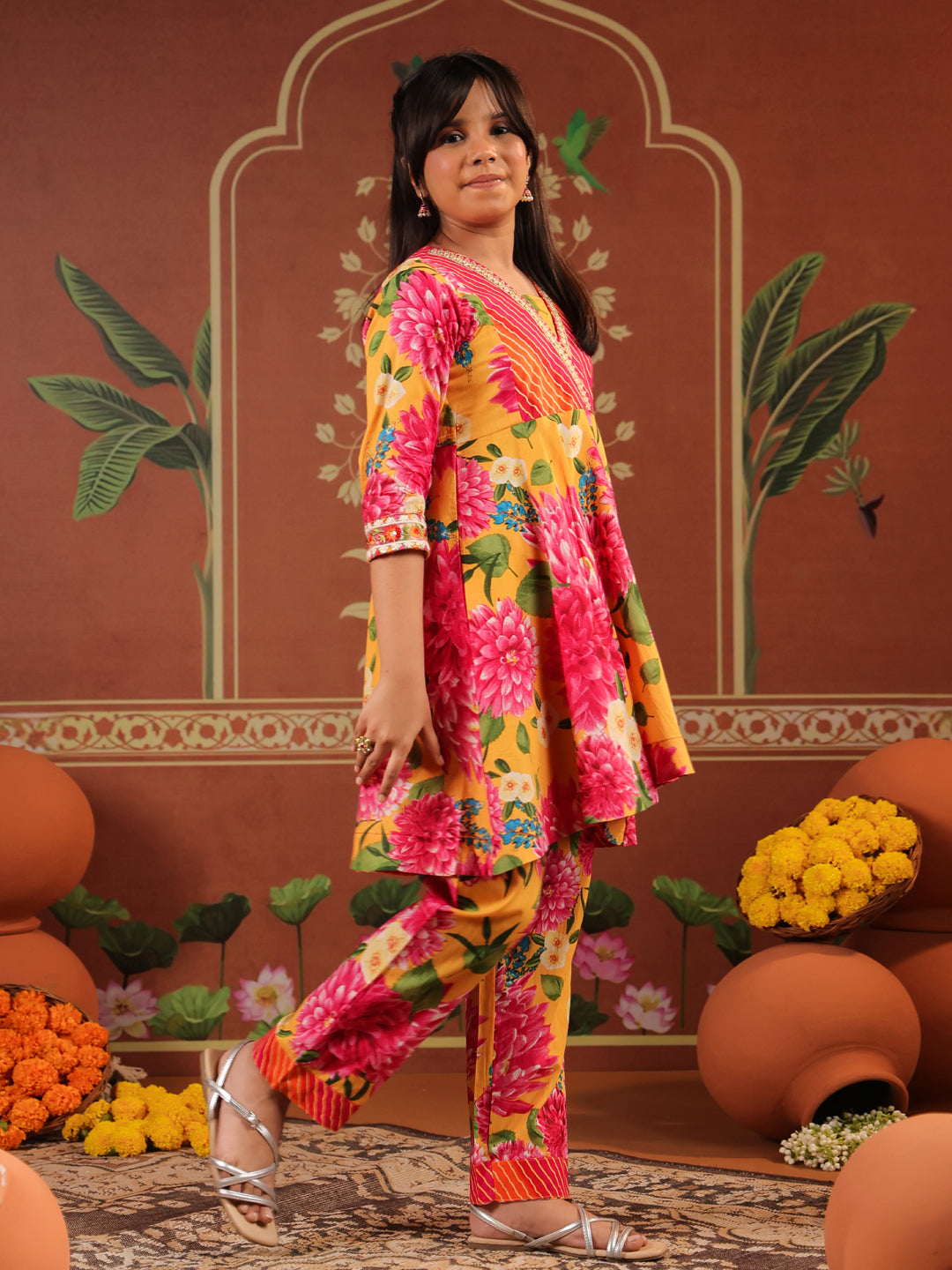 Girls Floral Printed Empire Gotta Patti Pure Cotton Kurti with Trousers & With Dupatta
