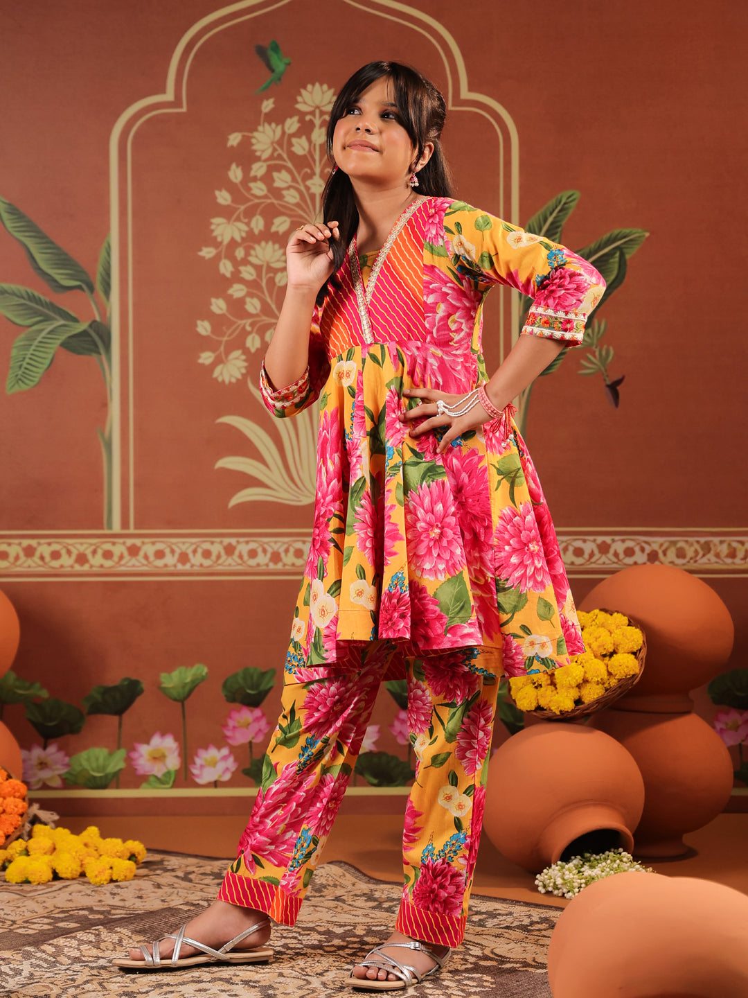 Girls Floral Printed Empire Gotta Patti Pure Cotton Kurti with Trousers & With Dupatta