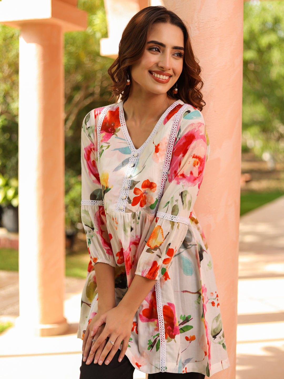 Women Floral Printed Gathered Pure Cotton Longline Top