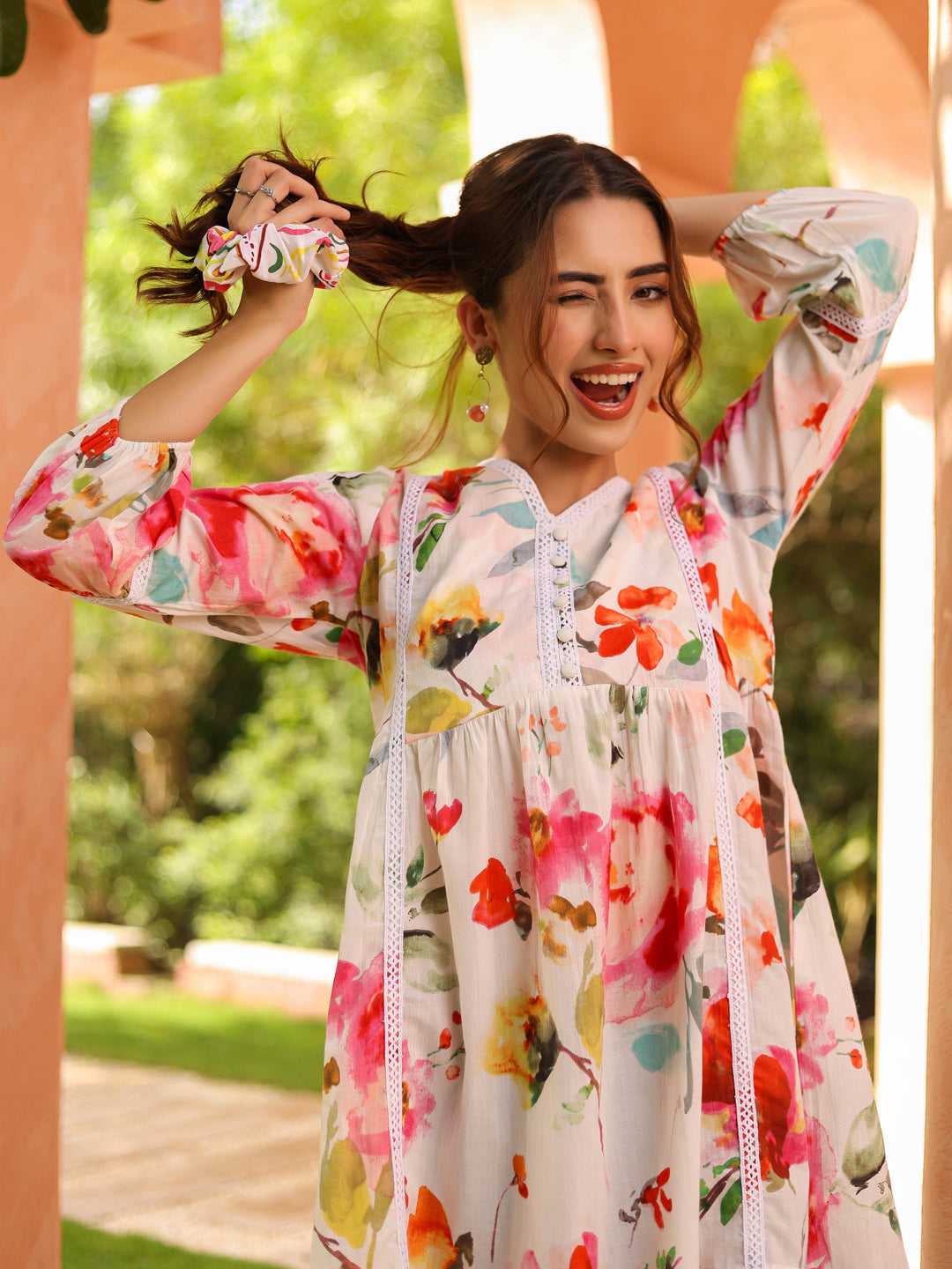 Women Floral Printed Gathered Pure Cotton Longline Top