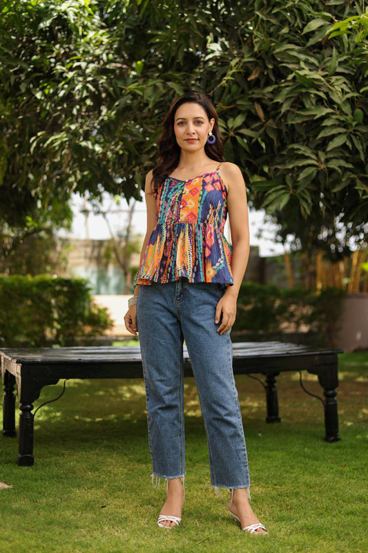 Abstract Printed Shoulder Straps Pure Cotton Peplum Crop Top