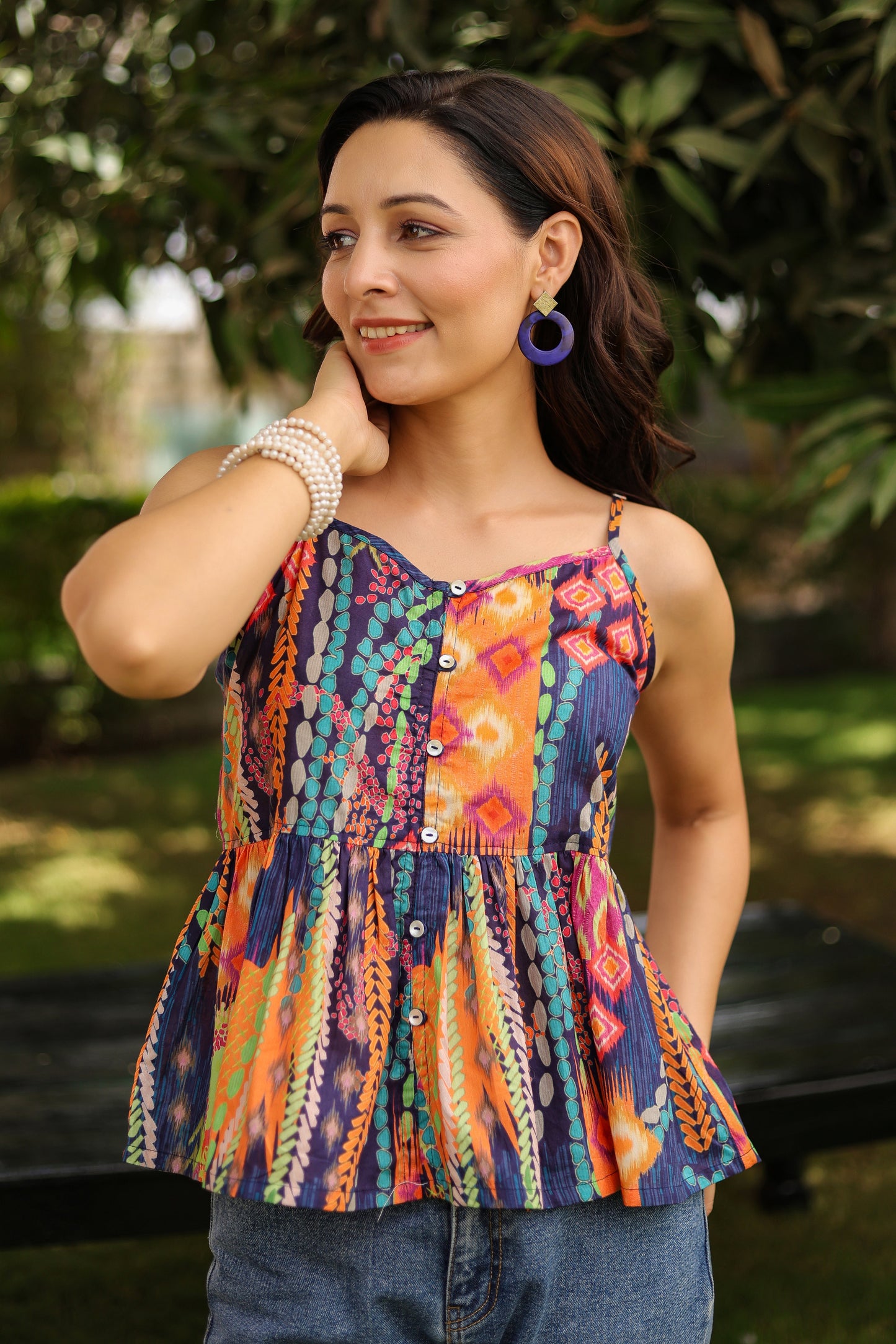 Abstract Printed Shoulder Straps Pure Cotton Peplum Crop Top