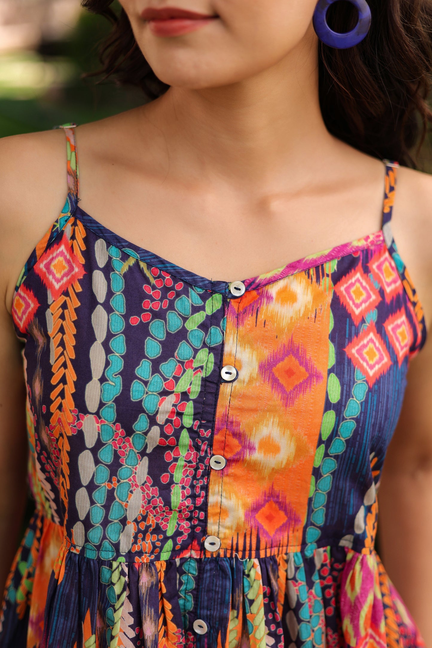 Abstract Printed Shoulder Straps Pure Cotton Peplum Crop Top