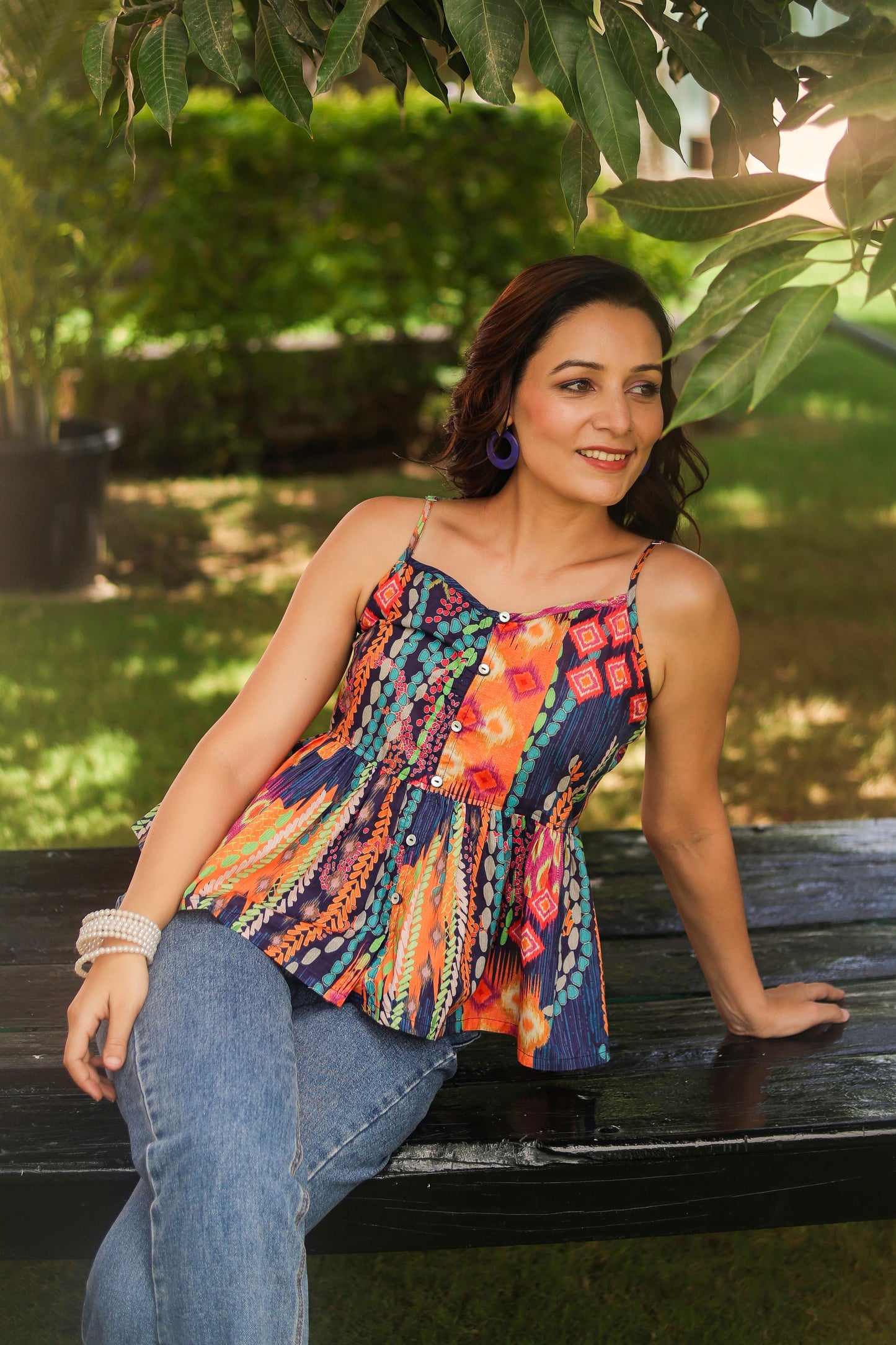 Abstract Printed Shoulder Straps Pure Cotton Peplum Crop Top