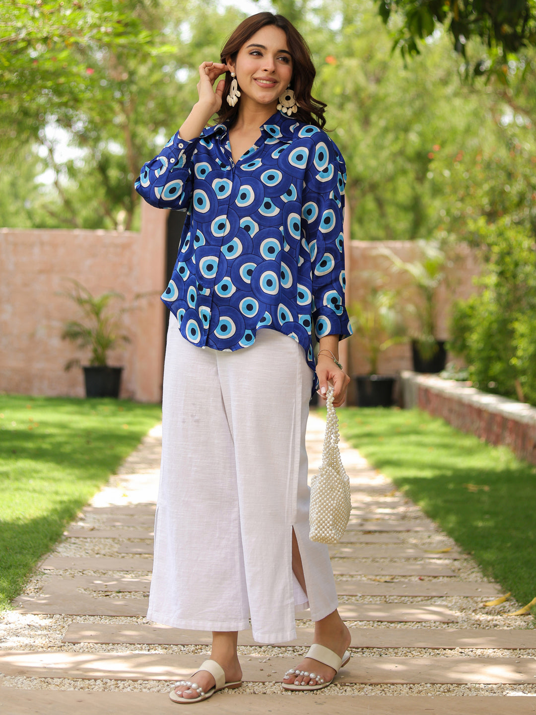 Women Standard Fit Geometric Printed Spread Collar Satin Casual Shirt