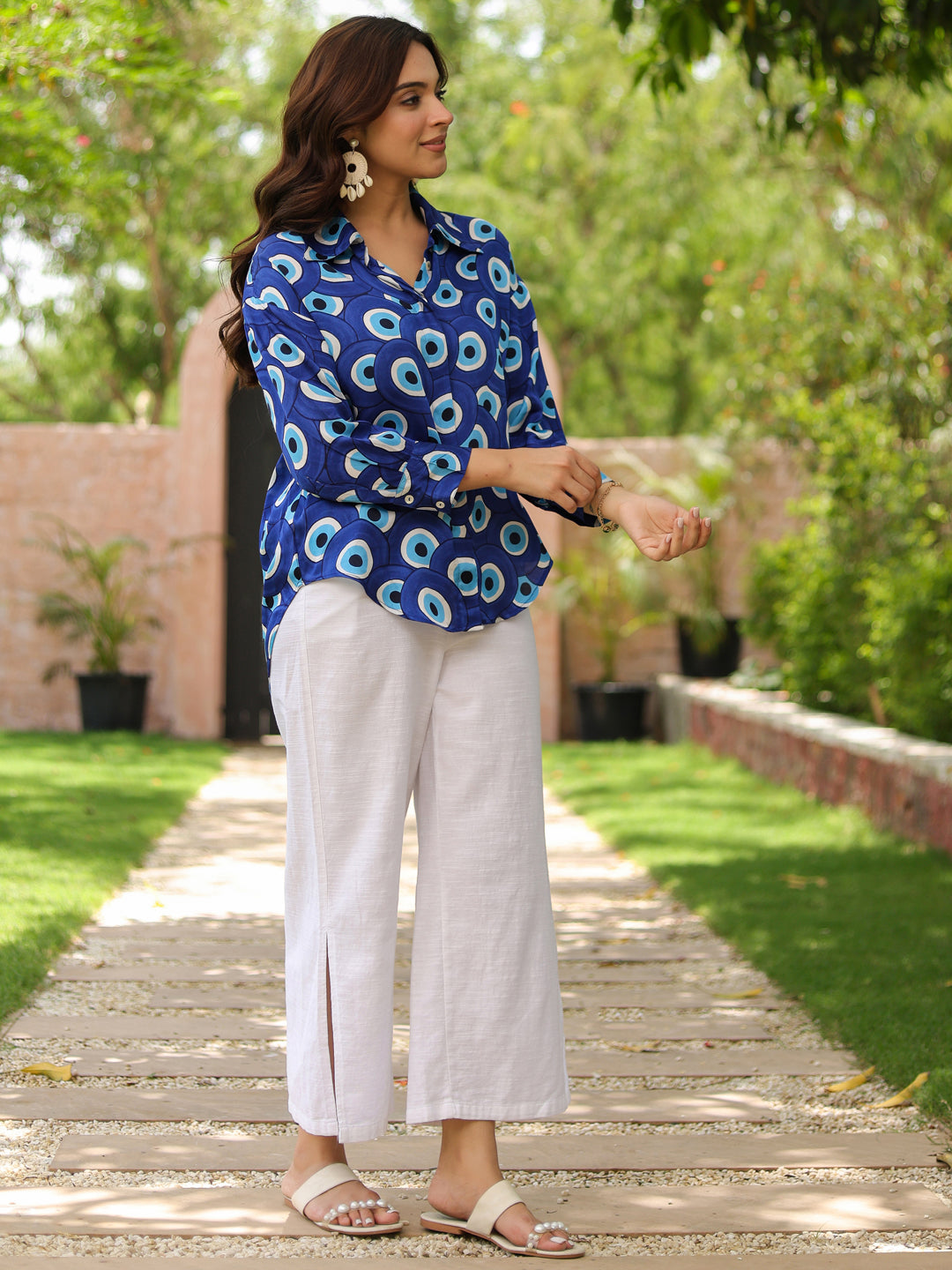 Women Standard Fit Geometric Printed Spread Collar Satin Casual Shirt