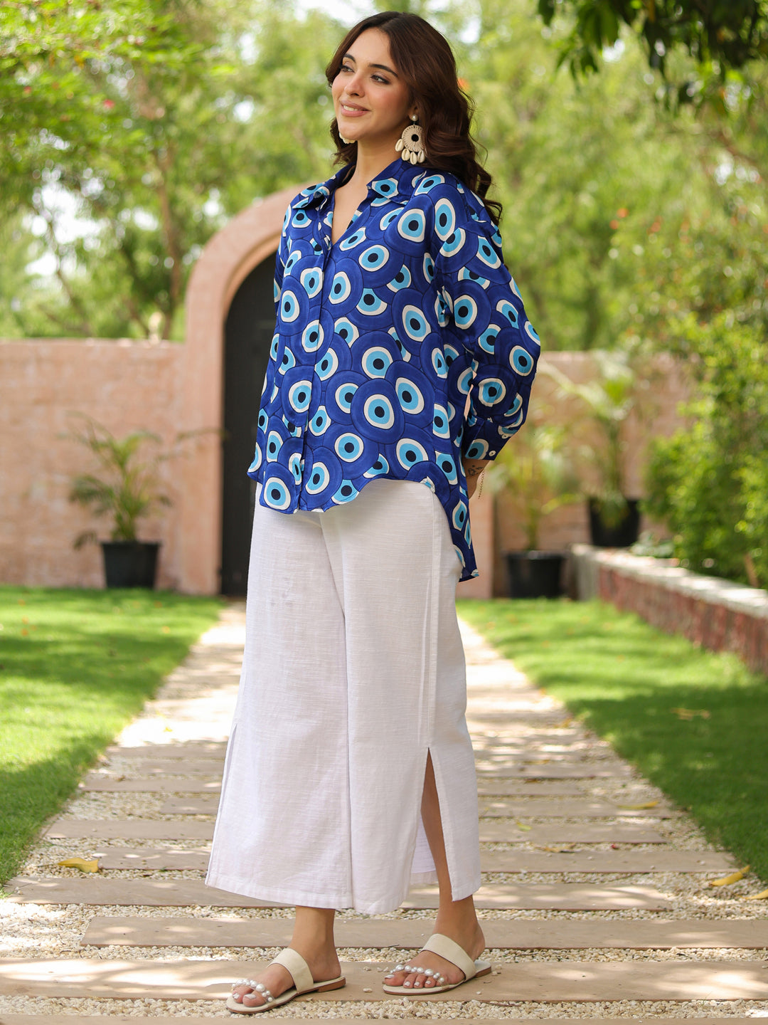 Women Standard Fit Geometric Printed Spread Collar Satin Casual Shirt