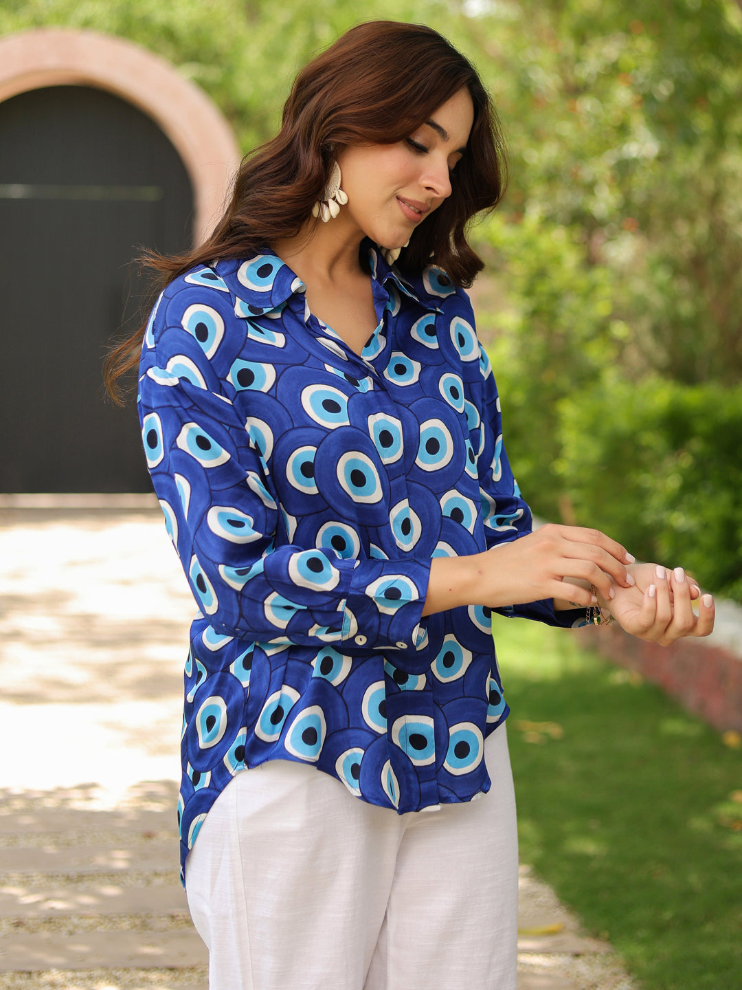 Women Standard Fit Geometric Printed Spread Collar Satin Casual Shirt