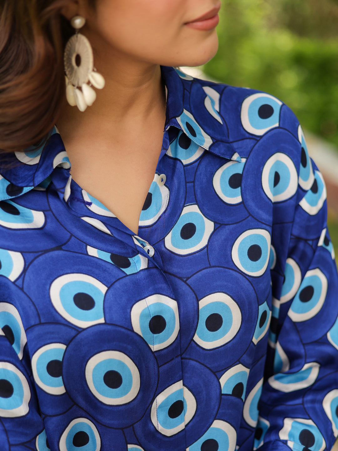 Women Standard Fit Geometric Printed Spread Collar Satin Casual Shirt