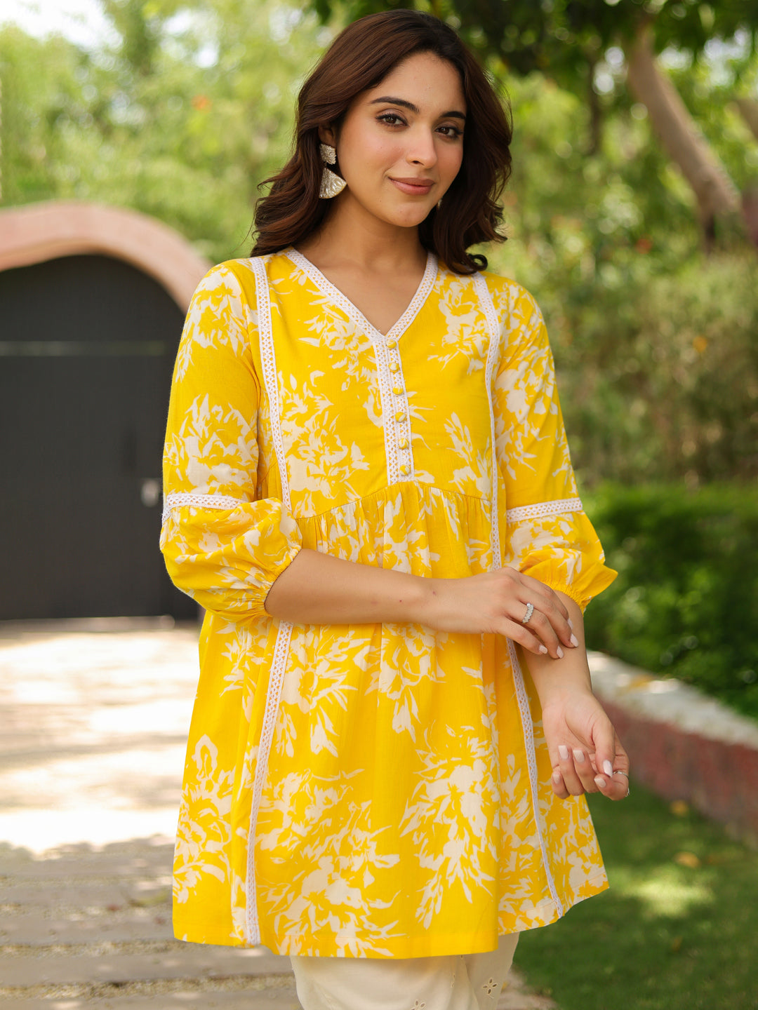 Floral Printed V-Neck Pure Cotton Tunic