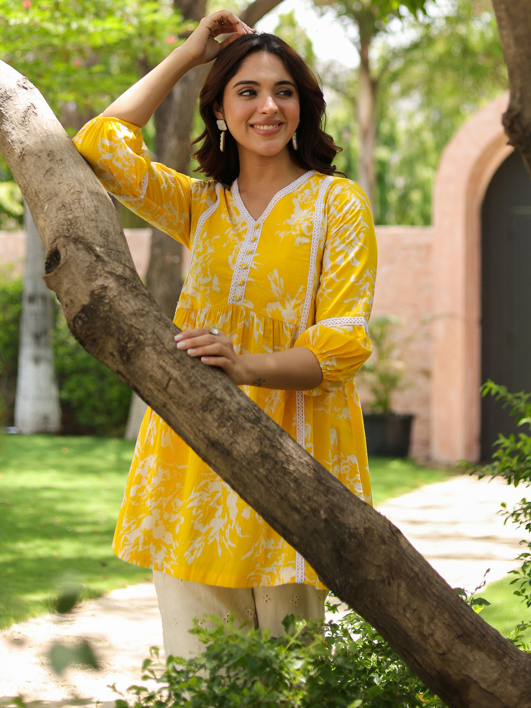 Floral Printed V-Neck Pure Cotton Tunic