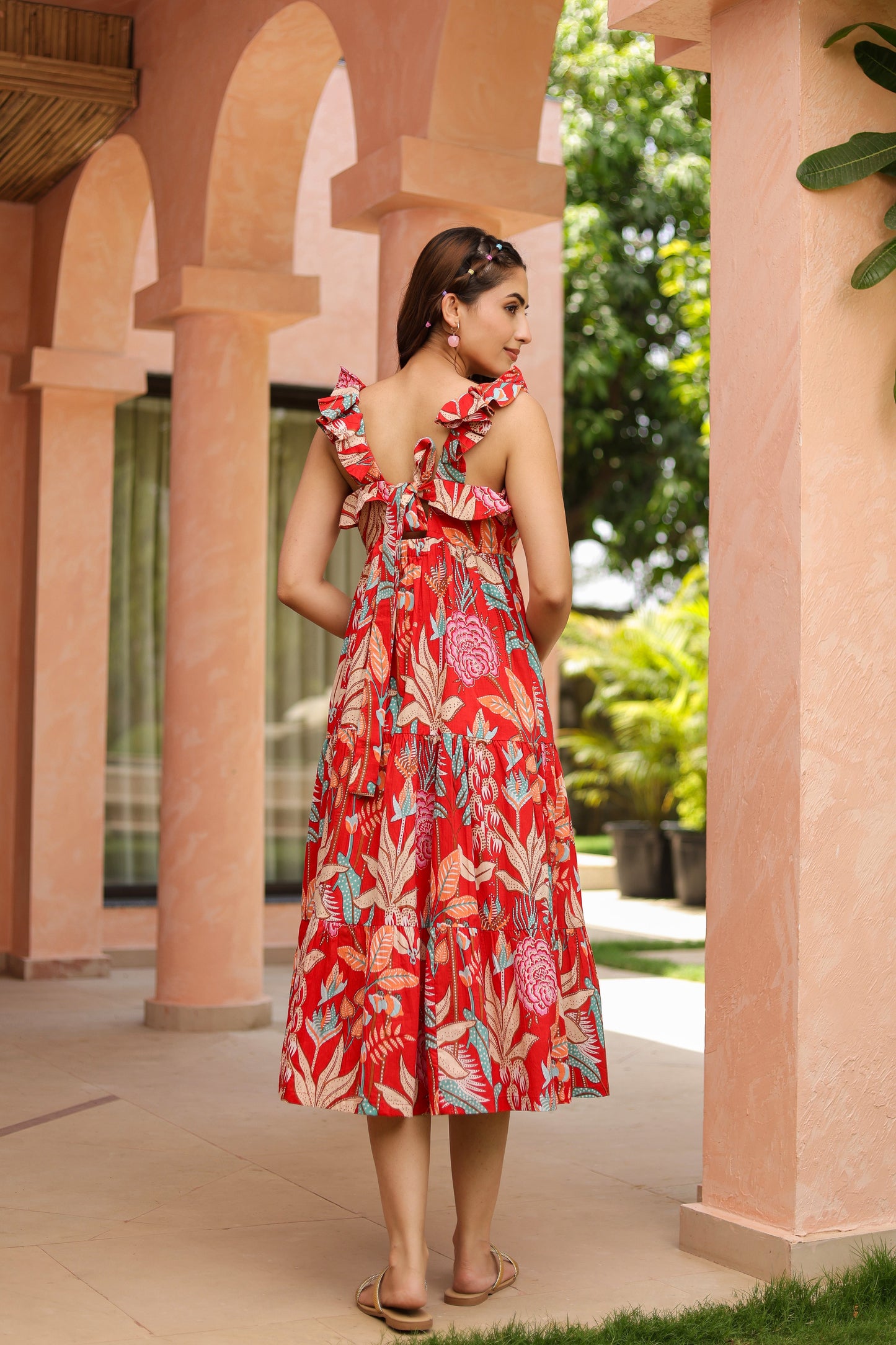 Tropical Printed Square Neck Pure Cotton Midi Dress