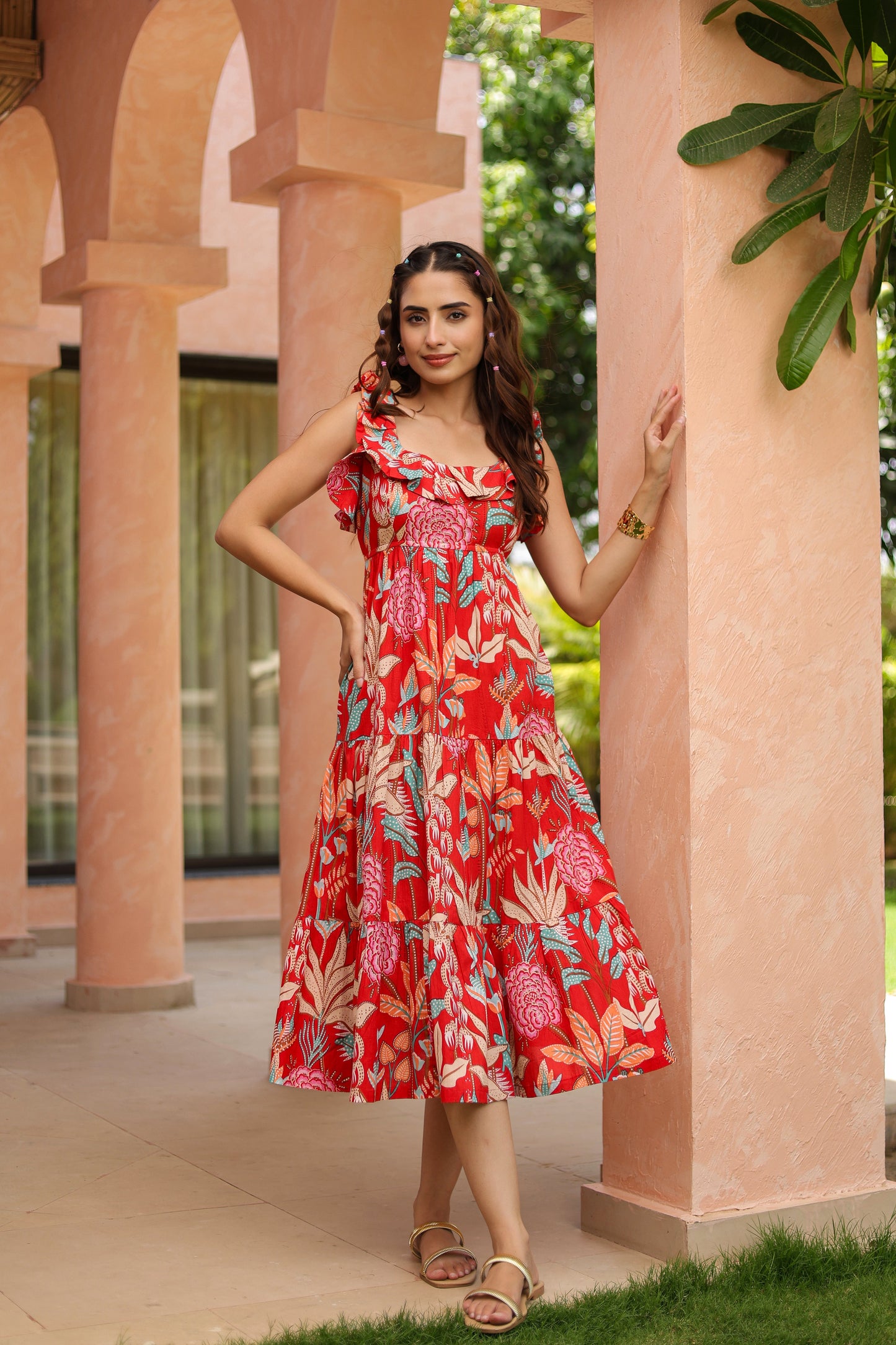 Tropical Printed Square Neck Pure Cotton Midi Dress