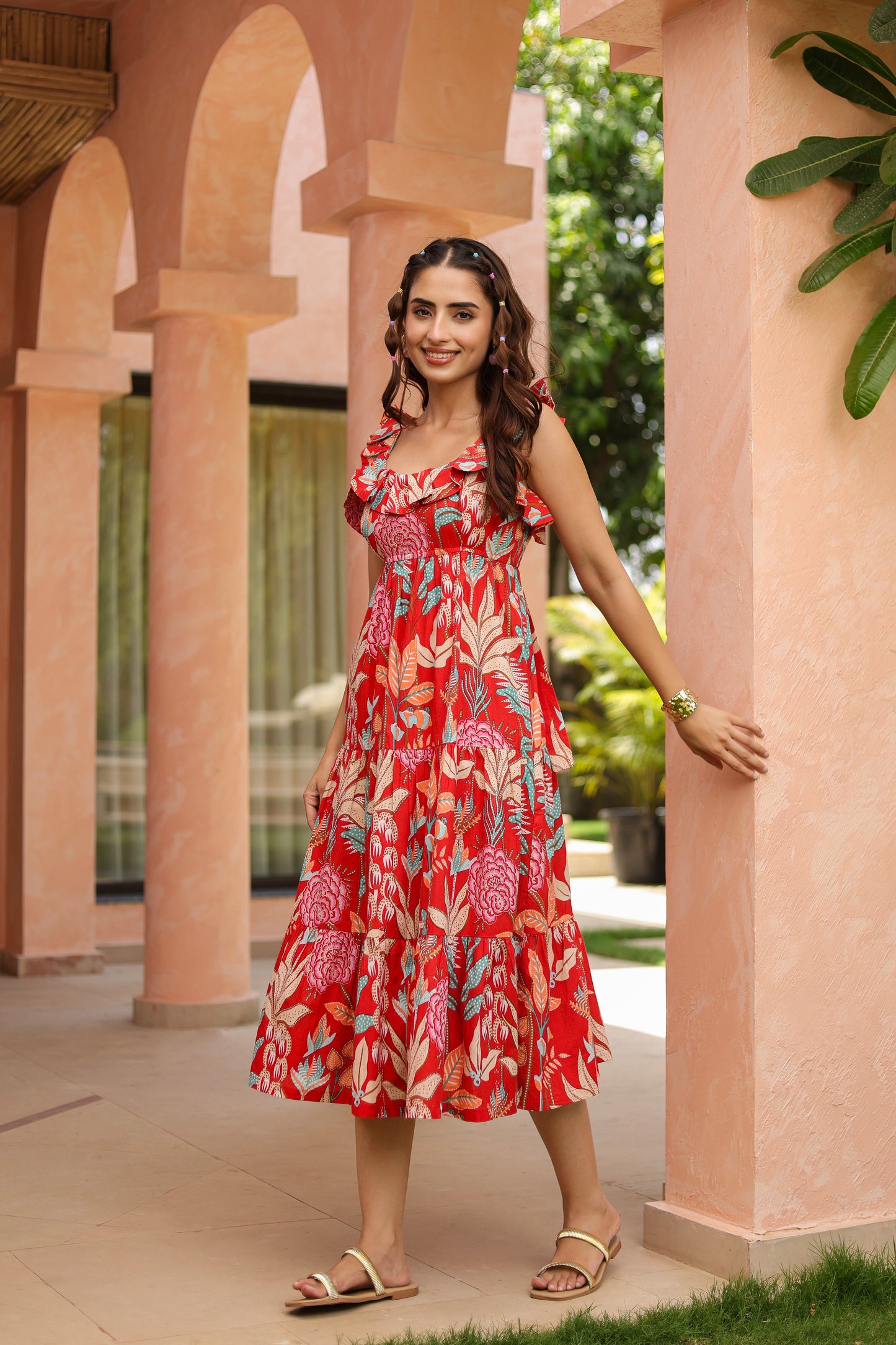 Tropical Printed Square Neck Pure Cotton Midi Dress