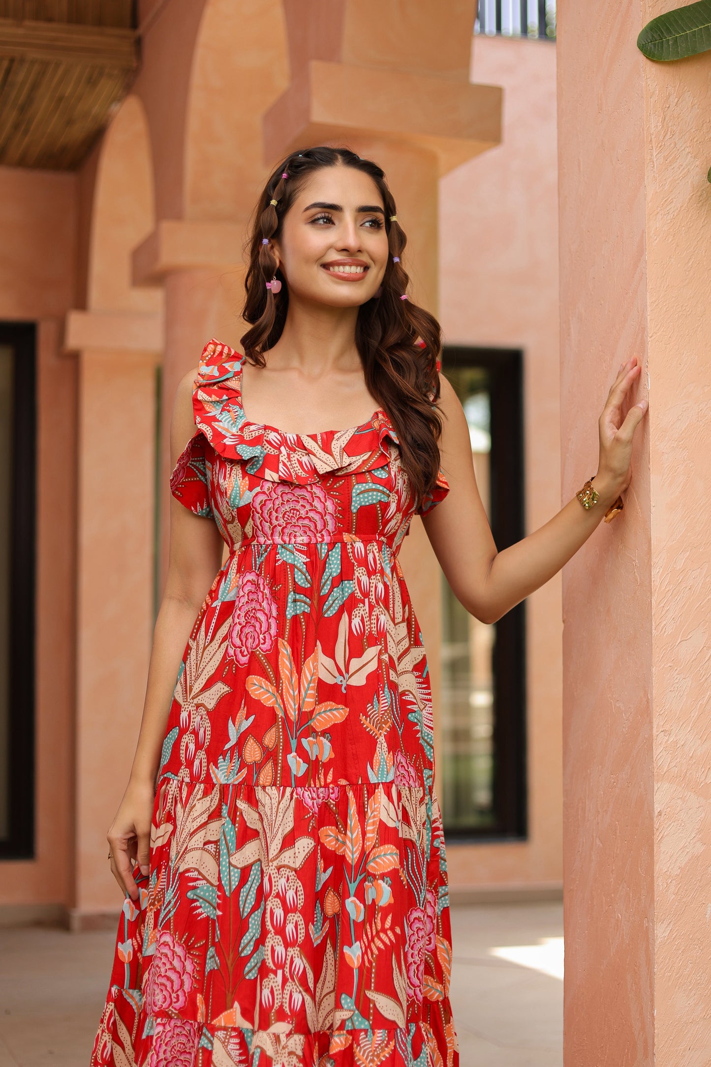 Tropical Printed Square Neck Pure Cotton Midi Dress