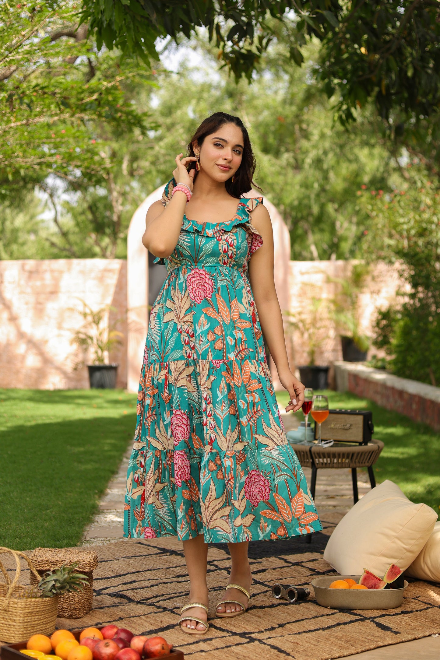 Tropical Printed Square Neck Pure Cotton Midi Dress