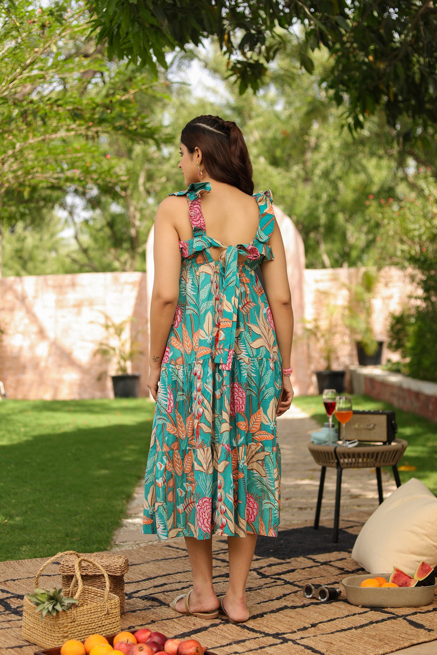 Tropical Printed Square Neck Pure Cotton Midi Dress