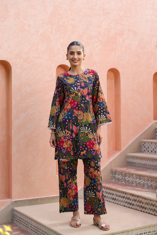 Printed Round Neck Pure Cotton Tunic With Trousers Co-Ords Set