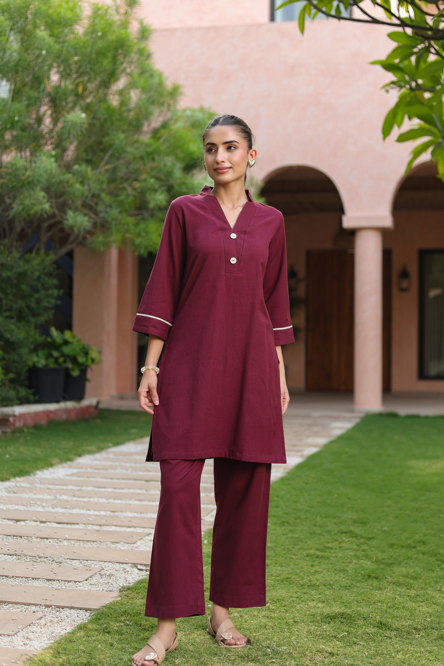 V-Neck Pure Cotton Tunic With Trouser