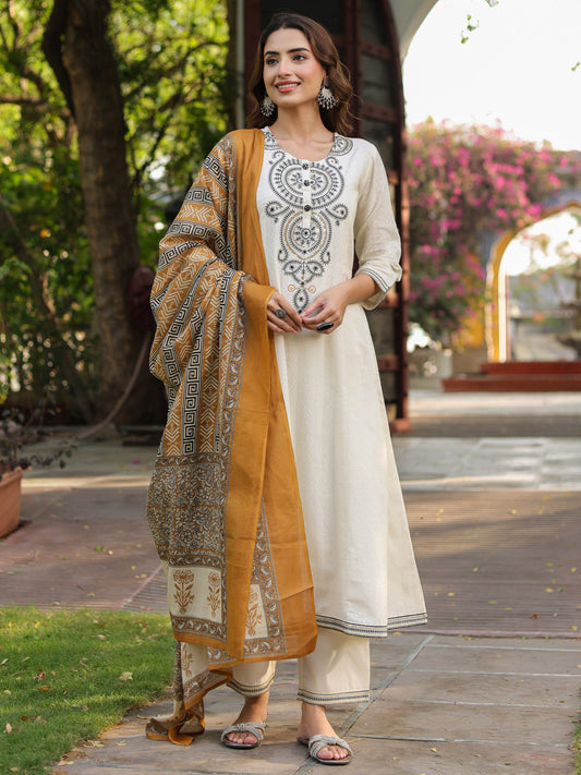 Women Floral Embroidered A-Line Pure Cotton Kurta with Trousers & Dupatta