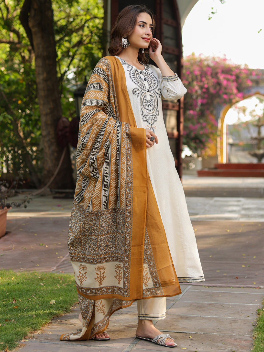 Women Floral Embroidered A-Line Pure Cotton Kurta with Trousers & Dupatta