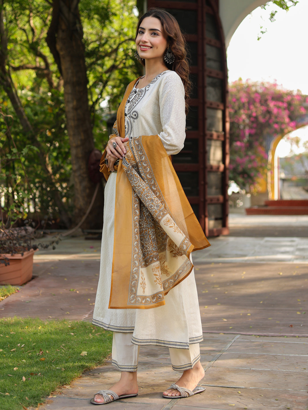 Women Floral Embroidered A-Line Pure Cotton Kurta with Trousers & Dupatta