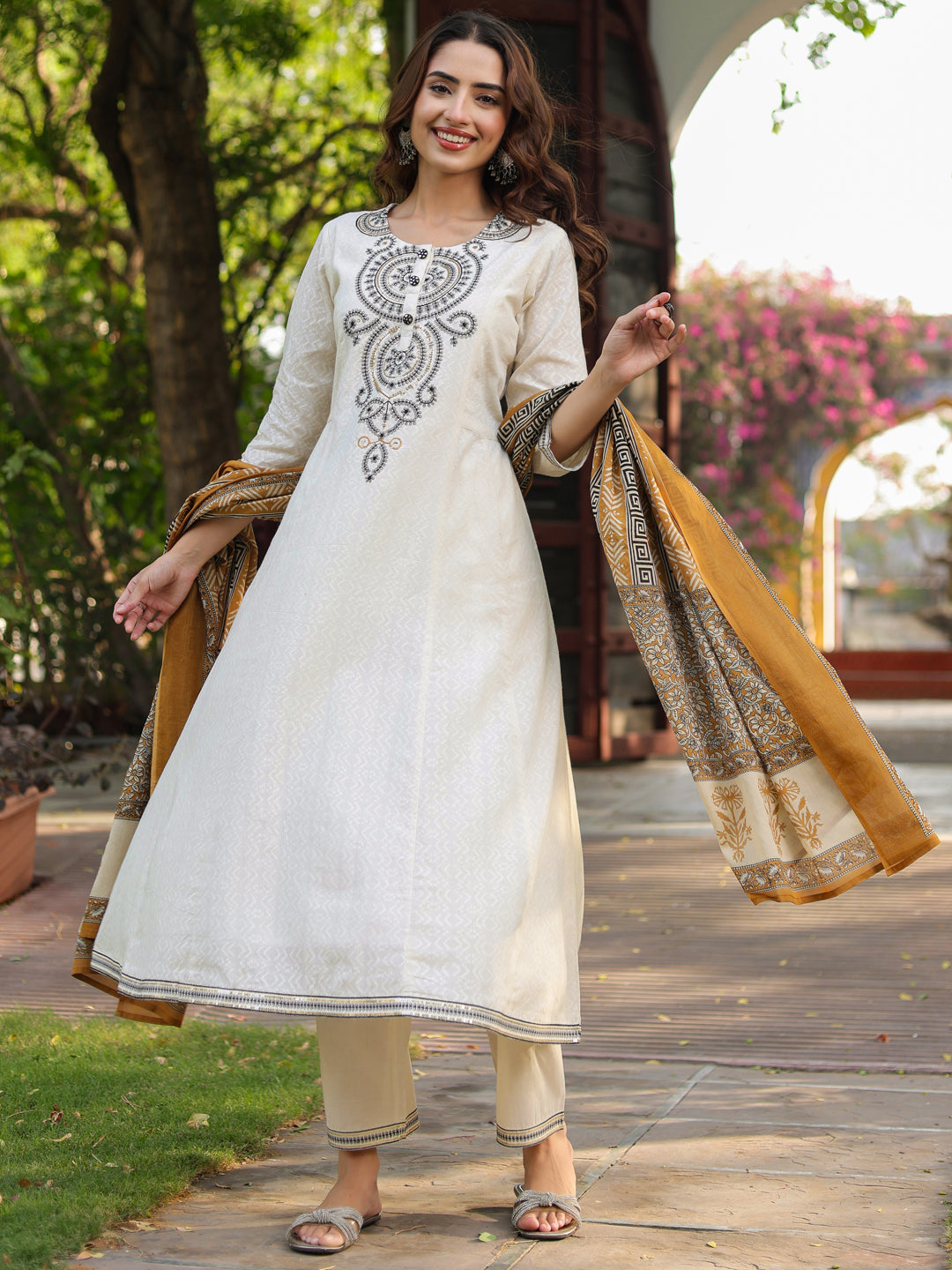 Women Floral Embroidered A-Line Pure Cotton Kurta with Trousers & Dupatta