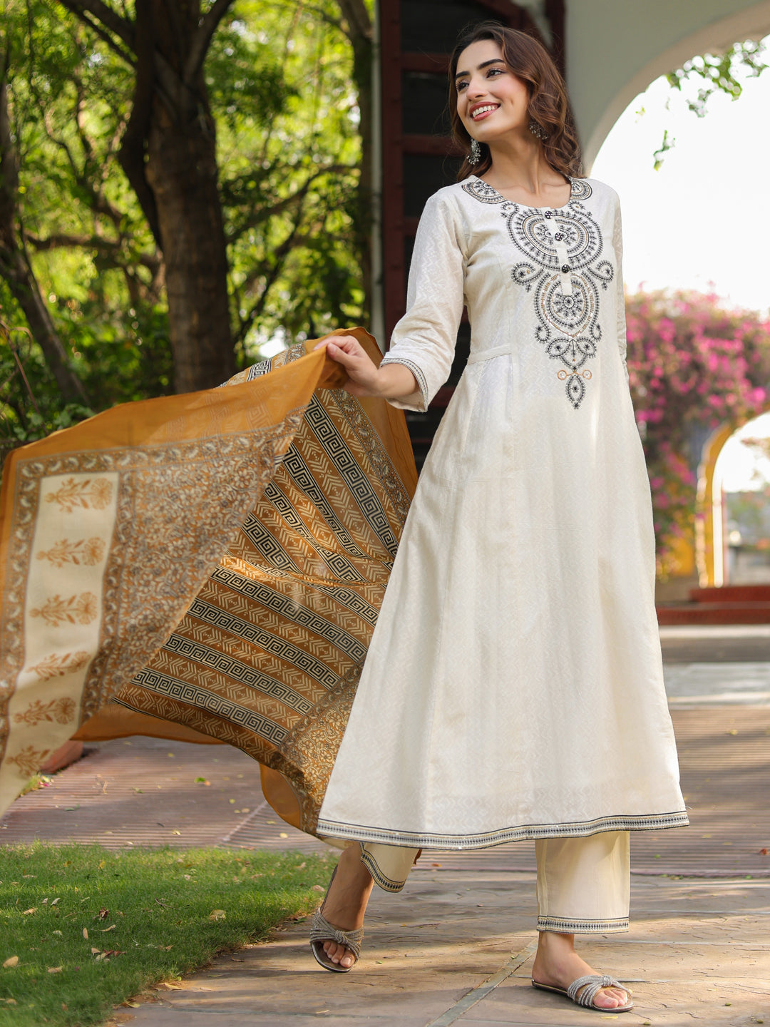 Women Floral Embroidered A-Line Pure Cotton Kurta with Trousers & Dupatta