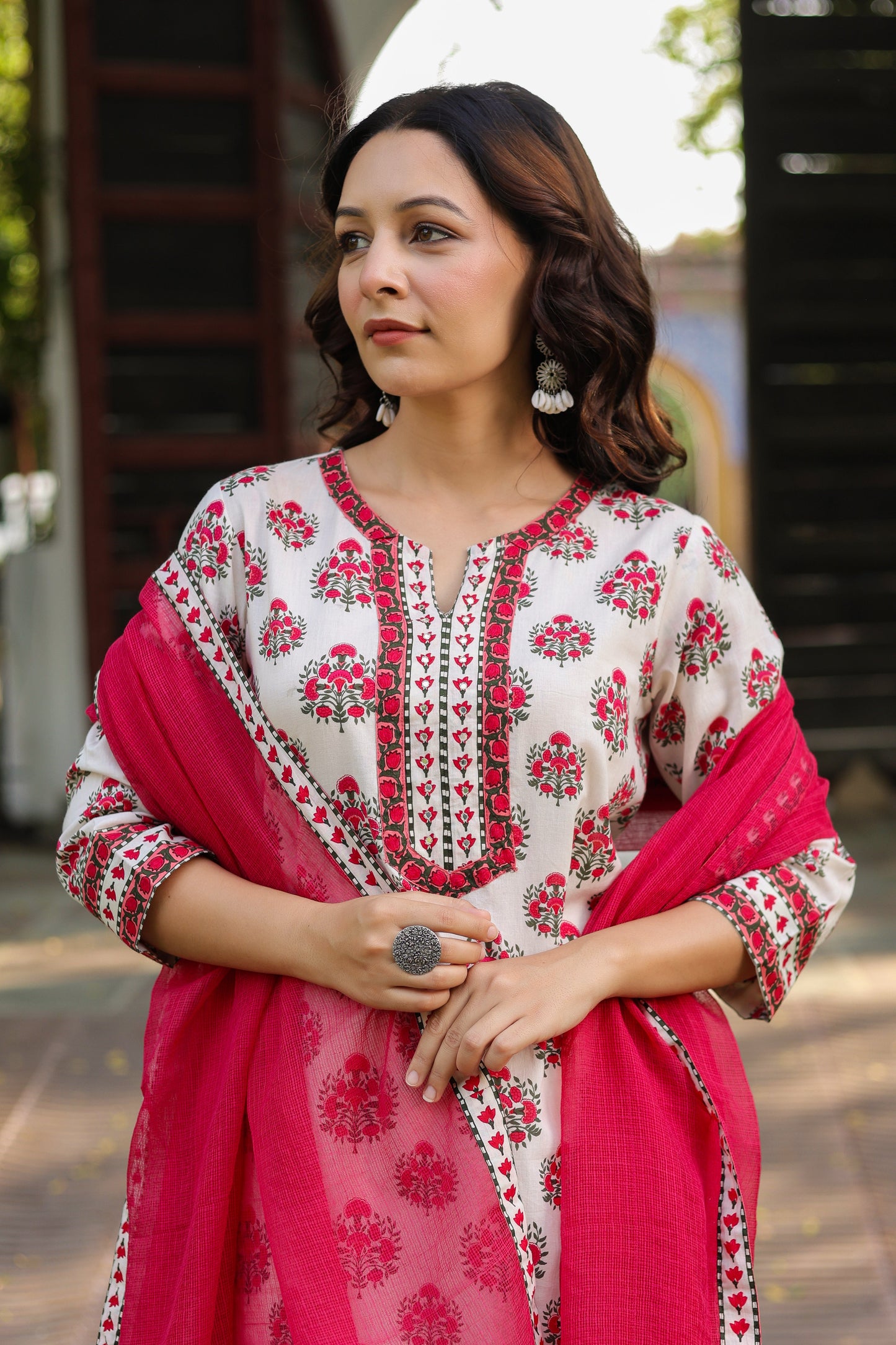 Floral Printed Notch Neck Pure Cotton Kurta With Trousers & Dupatta
