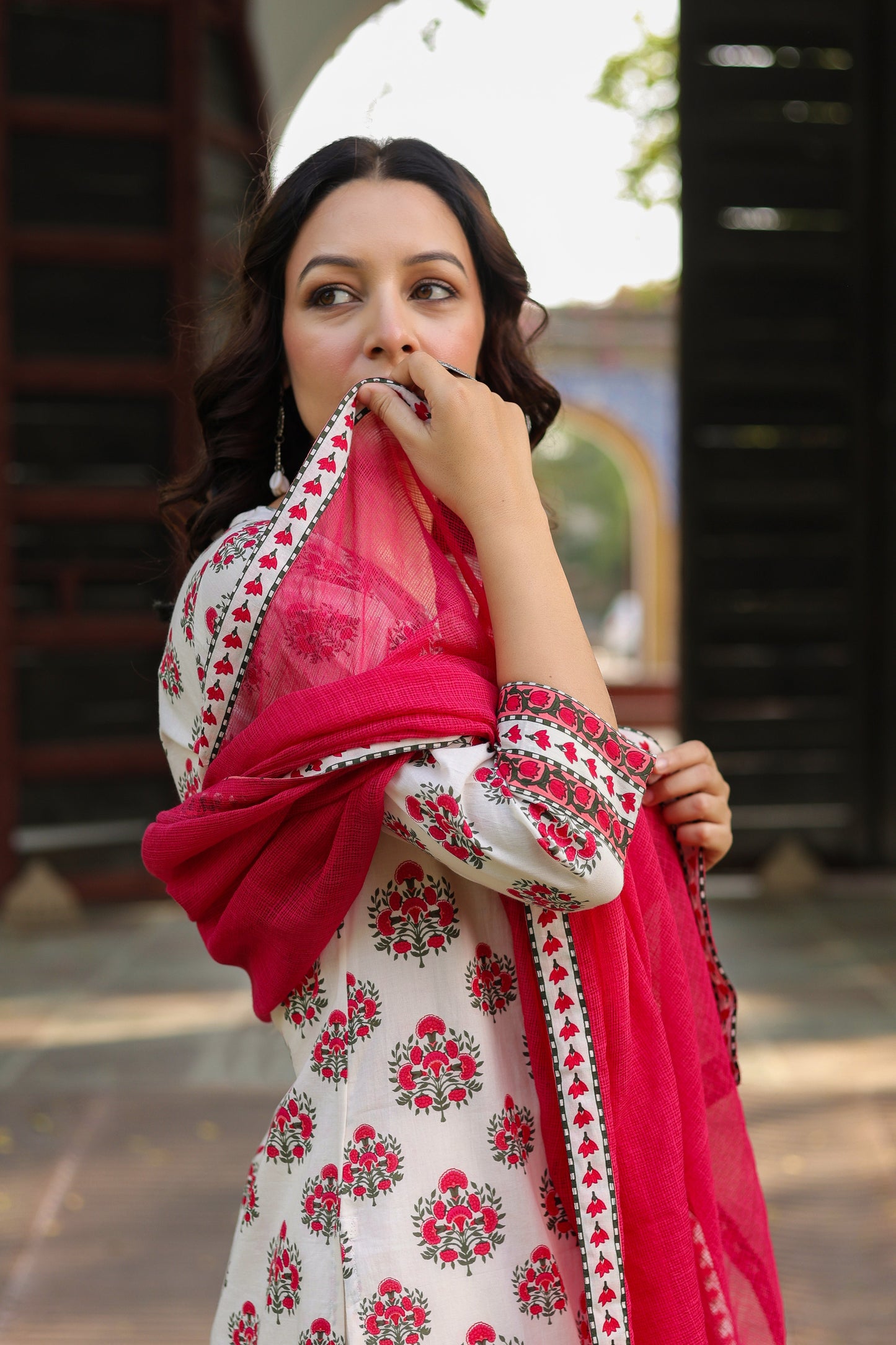 Floral Printed Notch Neck Pure Cotton Kurta With Trousers & Dupatta