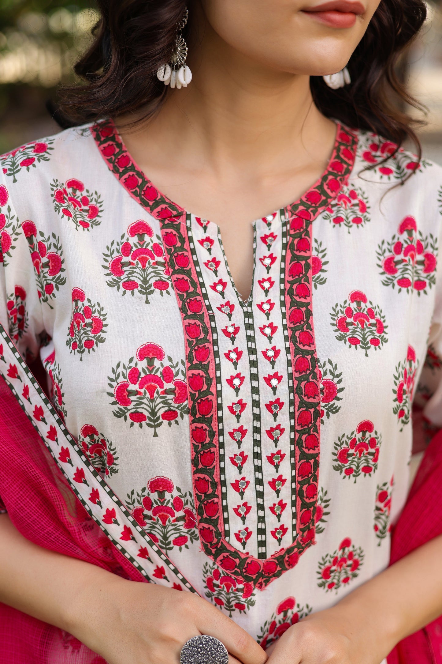 Floral Printed Notch Neck Pure Cotton Kurta With Trousers & Dupatta