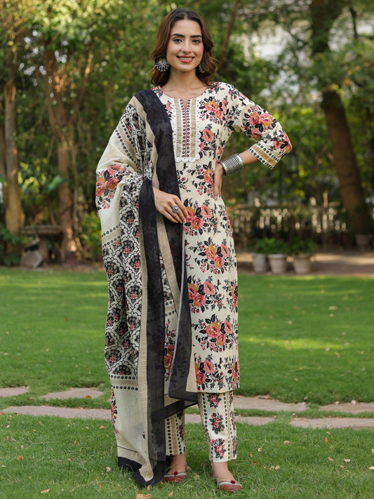 Women Floral Printed Regular Pure Cotton Kurta with Trousers & With Dupatta