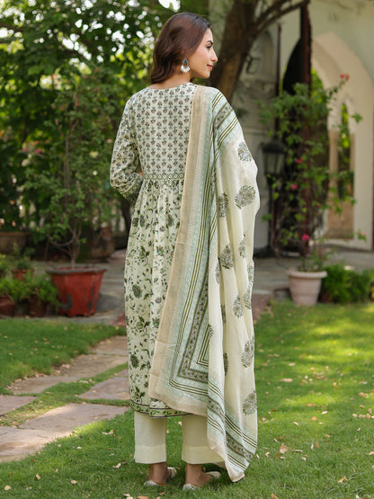 Women Floral Printed Cotton Anarkali Kurta with Trousers & Dupatta
