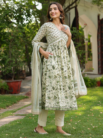 Women Floral Printed Cotton Anarkali Kurta with Trousers & Dupatta