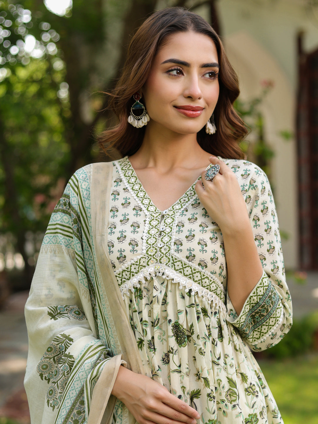 Women Floral Printed Cotton Anarkali Kurta with Trousers & Dupatta