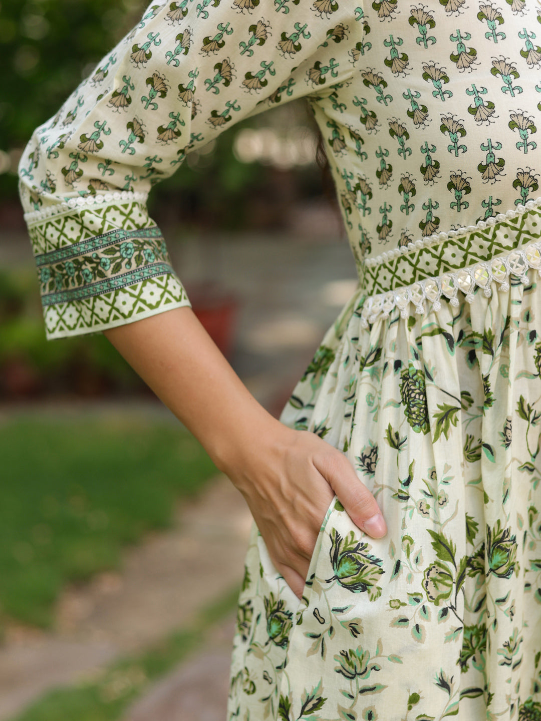 Women Floral Printed Cotton Anarkali Kurta with Trousers & Dupatta