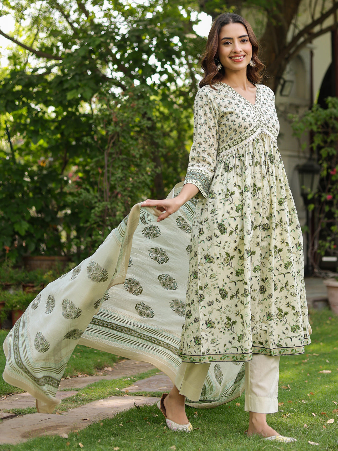 Women Floral Printed Cotton Anarkali Kurta with Trousers & Dupatta