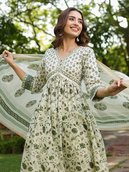 Women Floral Printed Cotton Anarkali Kurta with Trousers & Dupatta