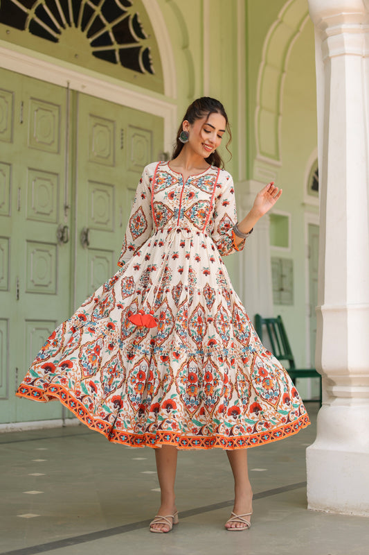 White Printed Fit & Flare Ethnic Dress
