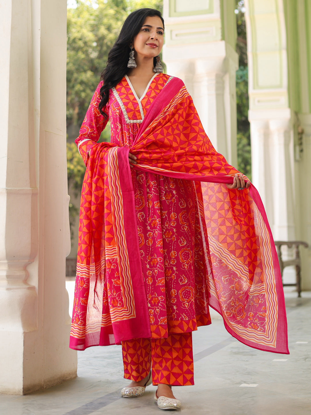 Women Floral Sequinned Pure Cotton Kurta with Trousers & Dupatta