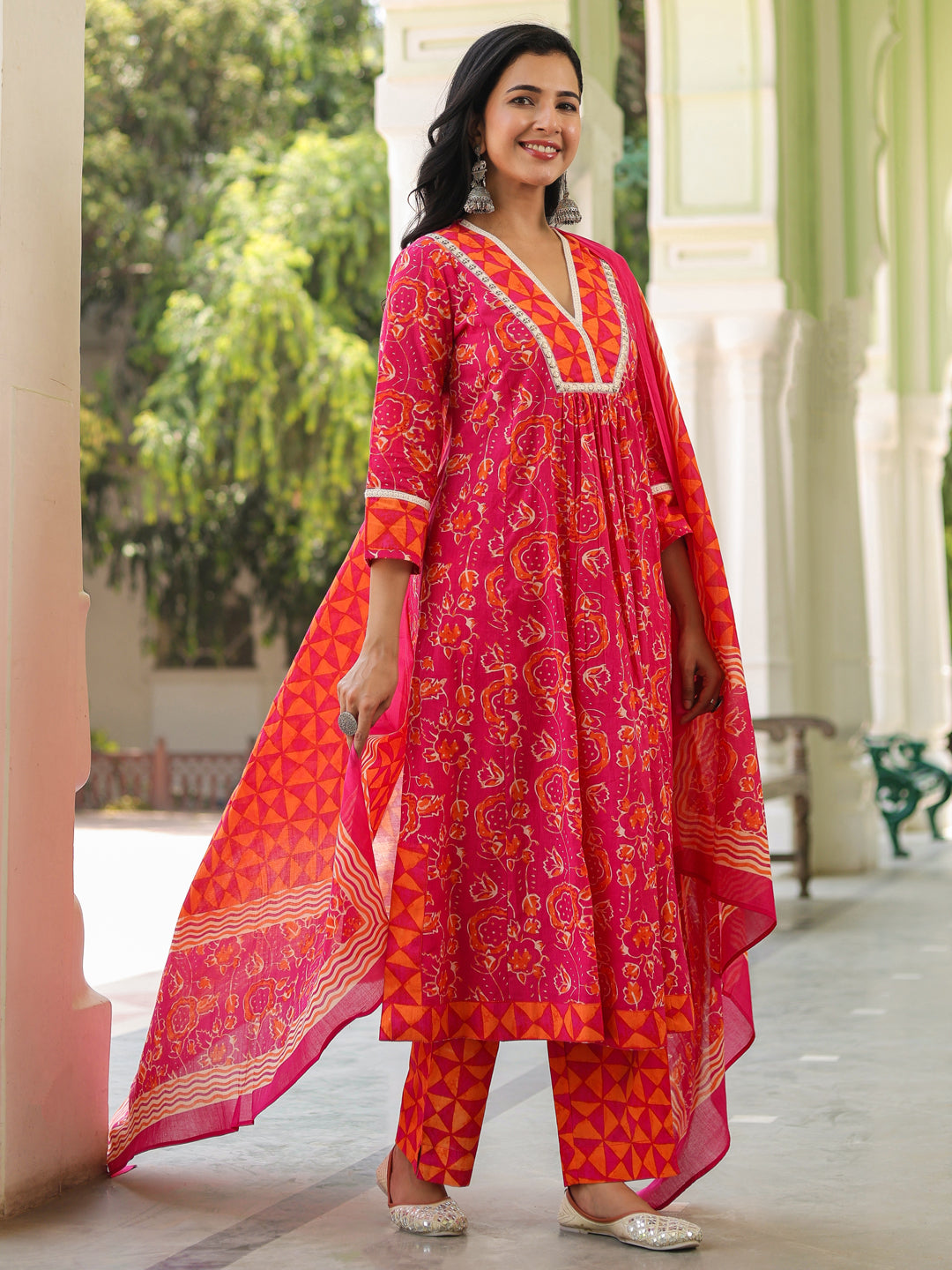 Women Floral Sequinned Pure Cotton Kurta with Trousers & Dupatta