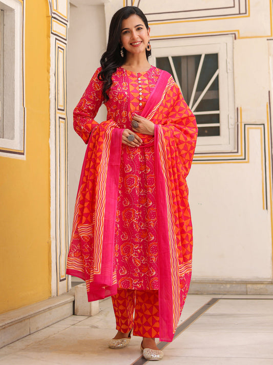 Women Floral Printed Cotton A-Line Kurta with Trousers & Dupatta