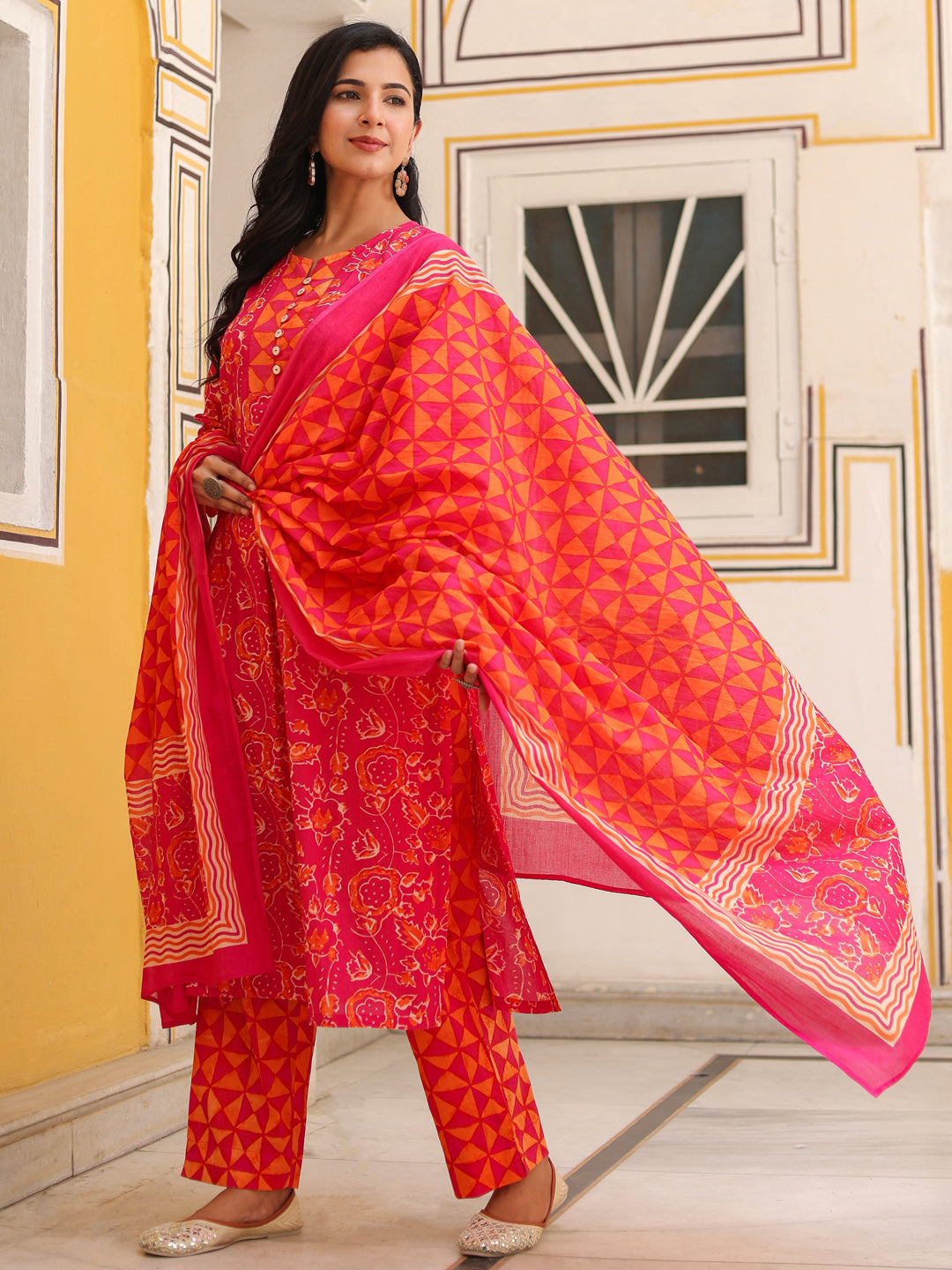 Women Floral Printed Cotton A-Line Kurta with Trousers & Dupatta