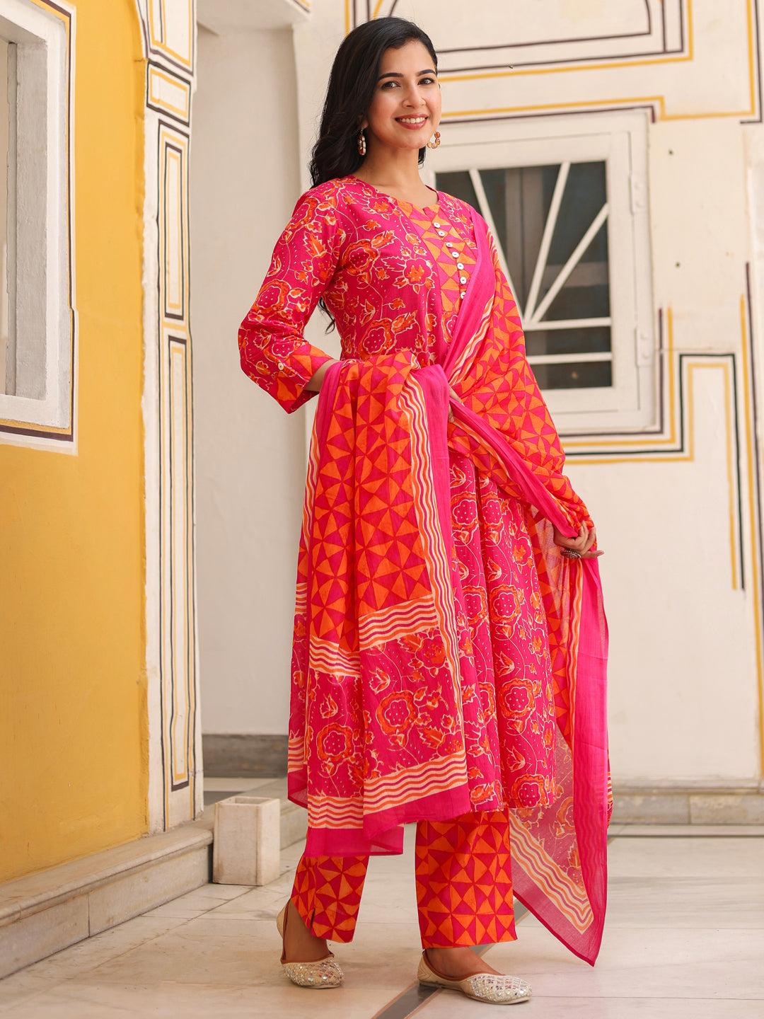 Women Floral Printed Cotton A-Line Kurta with Trousers & Dupatta