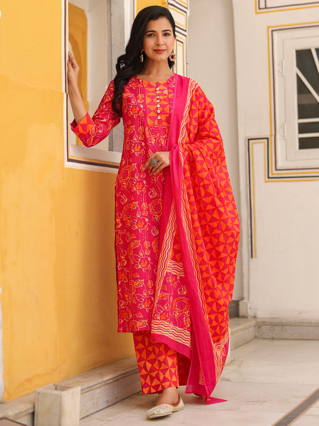 Women Floral Printed Cotton A-Line Kurta with Trousers & Dupatta
