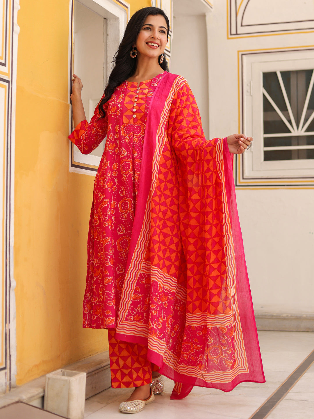 Women Floral Printed Cotton A-Line Kurta with Trousers & Dupatta