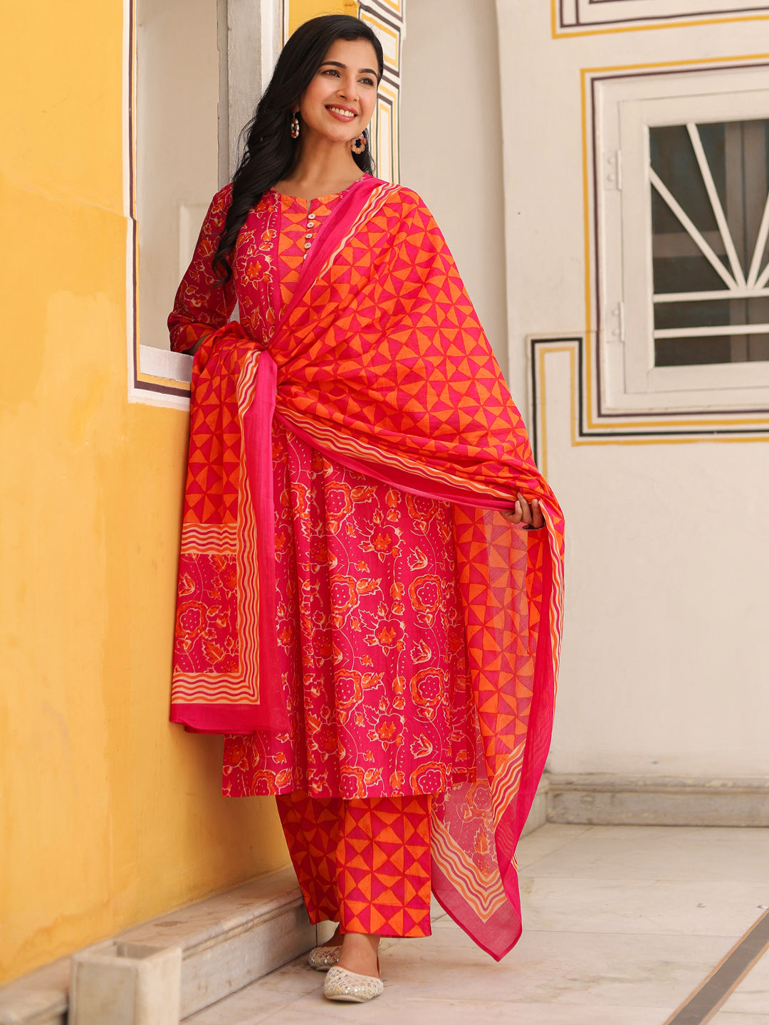 Women Floral Printed Cotton A-Line Kurta with Trousers & Dupatta