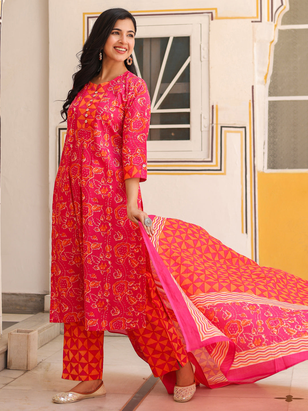 Women Floral Printed Cotton A-Line Kurta with Trousers & Dupatta