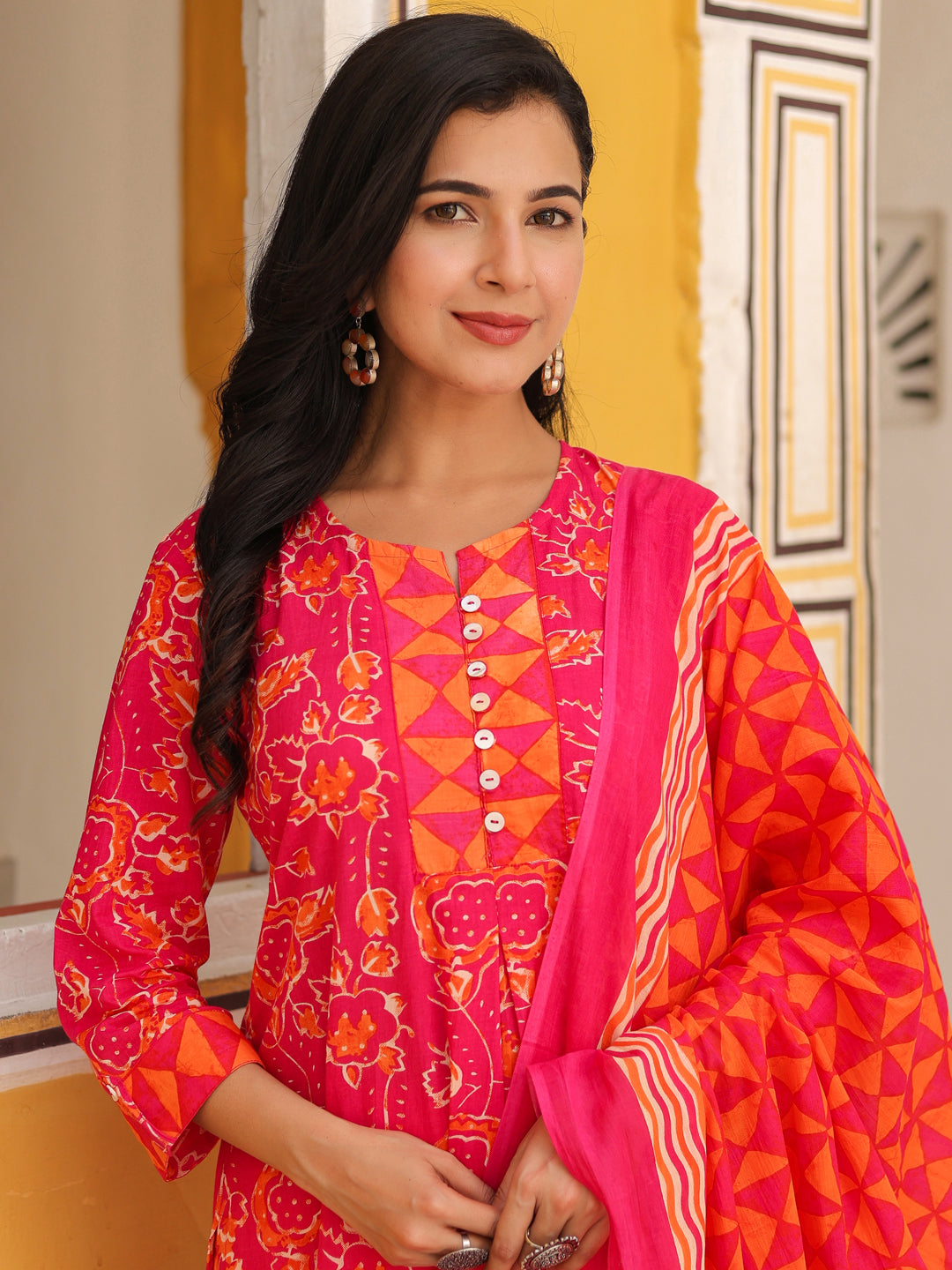 Women Floral Printed Cotton A-Line Kurta with Trousers & Dupatta